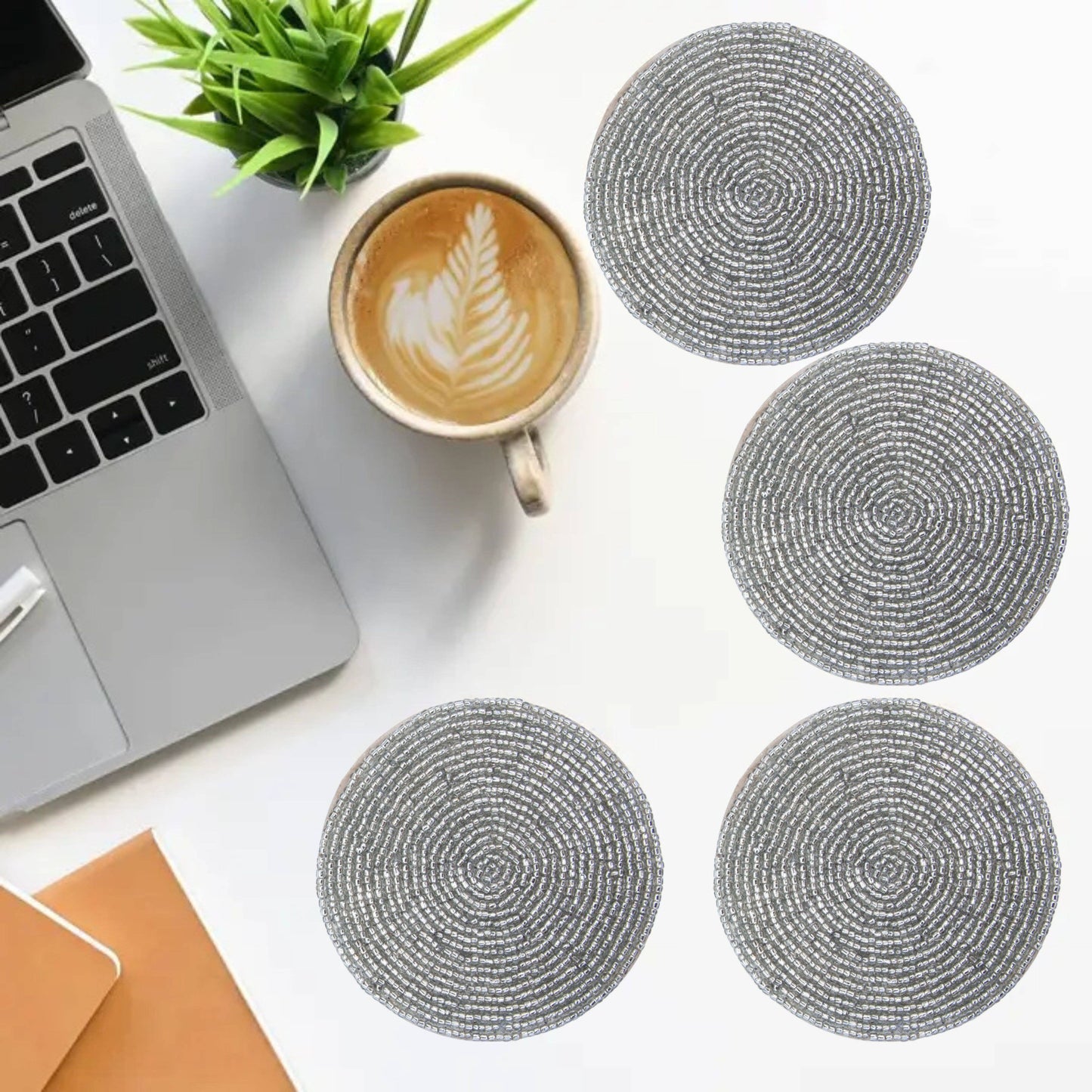 Handmade 4" Beaded Coasters with Stand – Set of 4 Silver