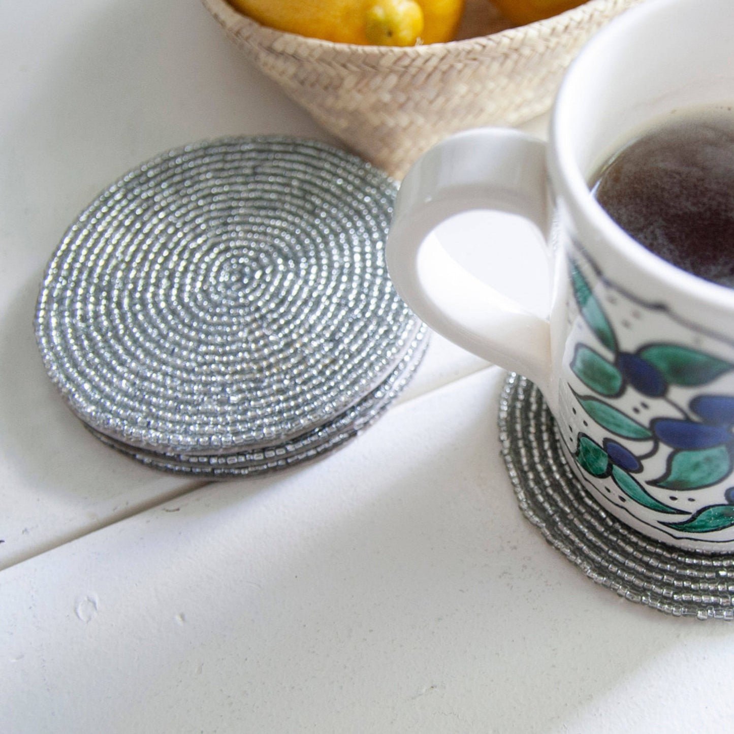 Handmade 4" Beaded Coasters with Stand – Set of 4 Silver