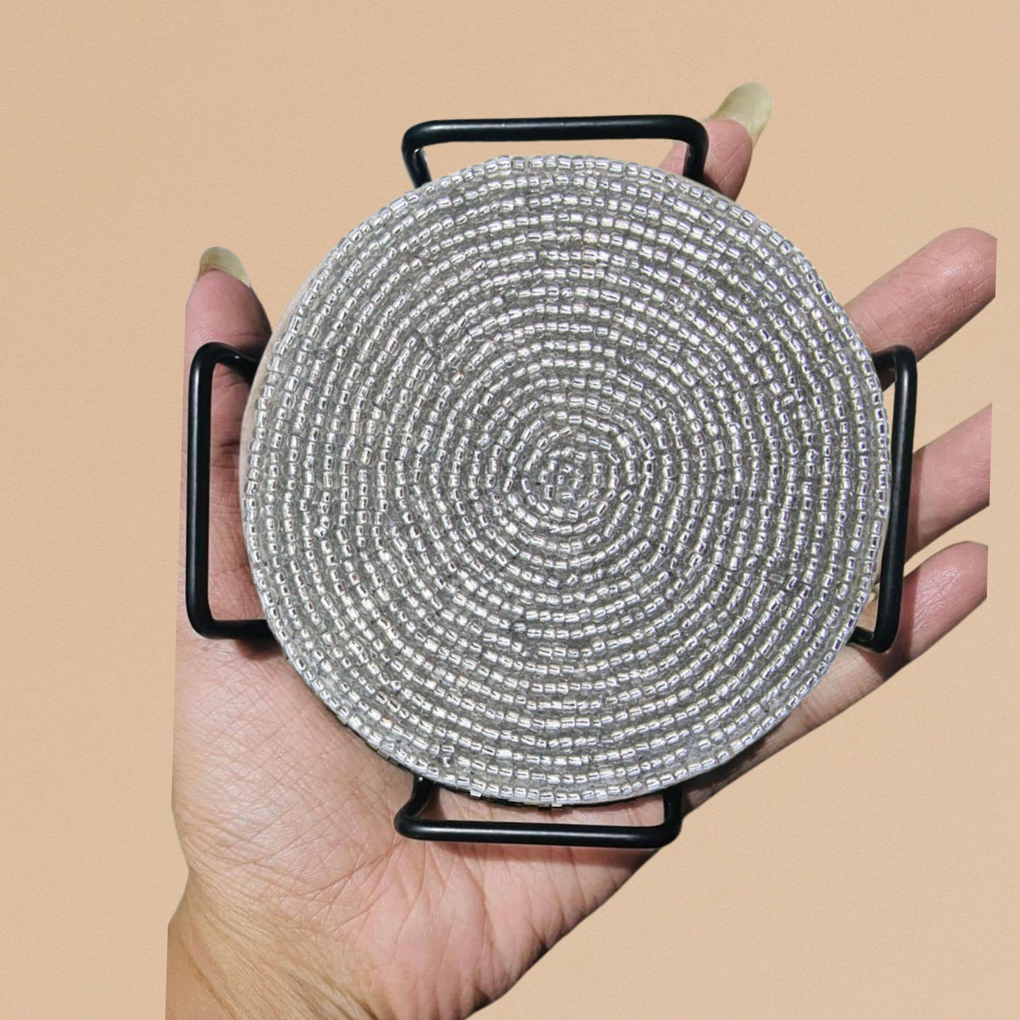 Handmade 4" Beaded Coasters with Stand – Set of 4 Silver