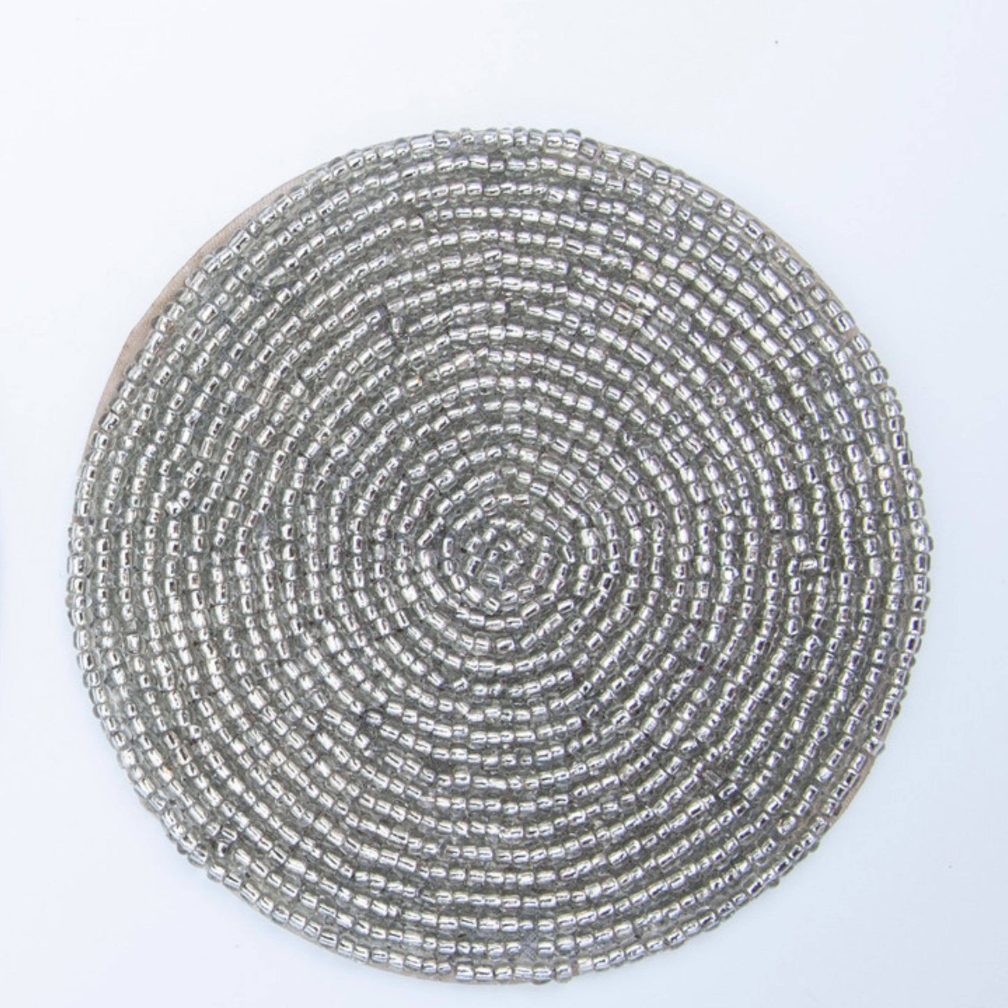 Handmade 4" Beaded Coasters with Stand – Set of 4 Silver