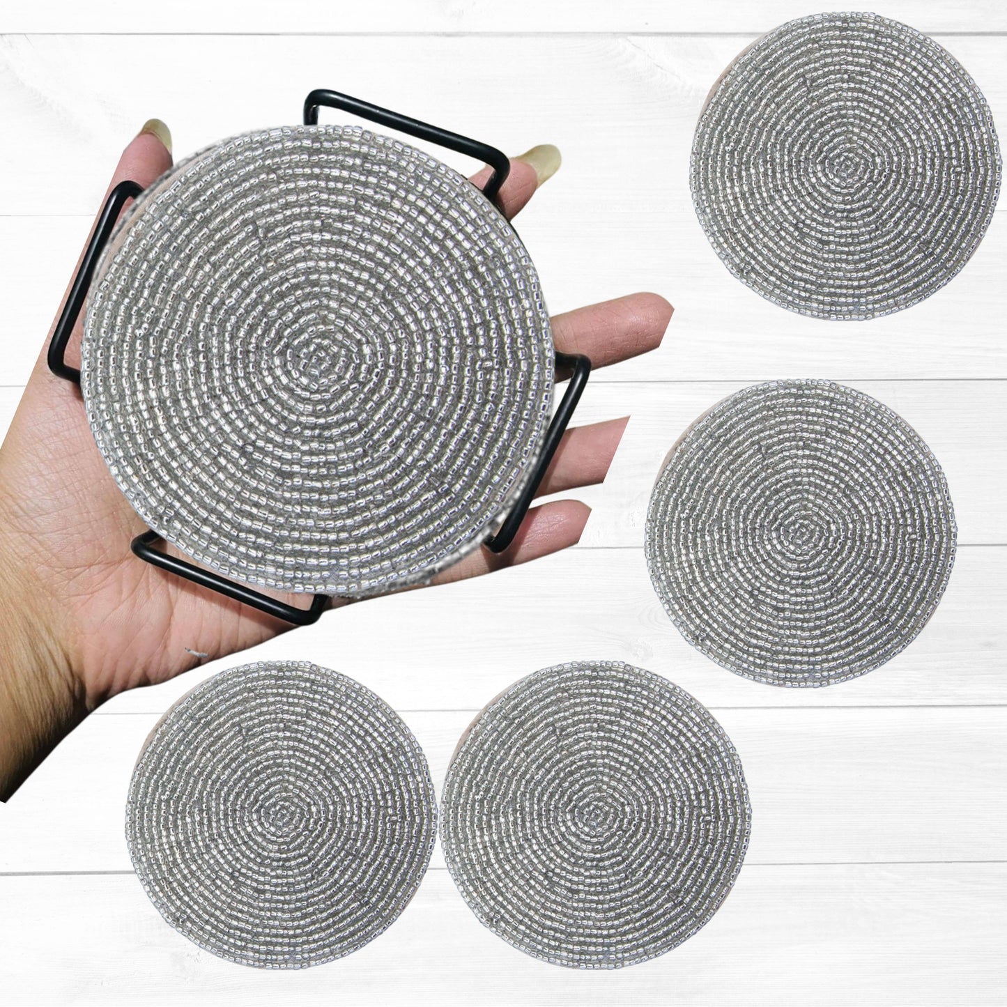 Handmade 4" Beaded Coasters with Stand – Set of 4 Silver